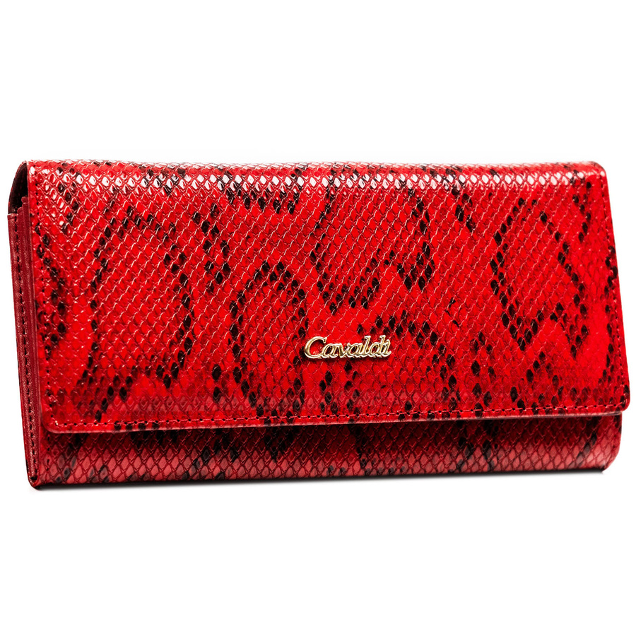 Czerwony portfel damski wykonany ze skóry naturalnej i ekologicznej ze zdobieniem na wzór skóry węża - 4U Cavaldi