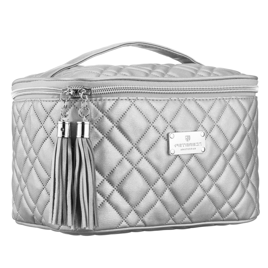 Strieborná prešívaná dámska kozmetická taštička z textilného materiálu na zips