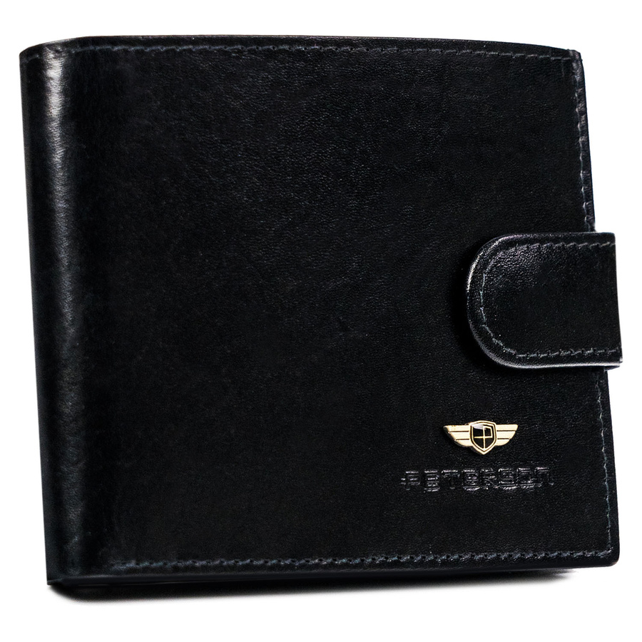 Czarny, duży portfel męski wykonany ze skóry naturalnej i zamykany na zatrzask - Peterson