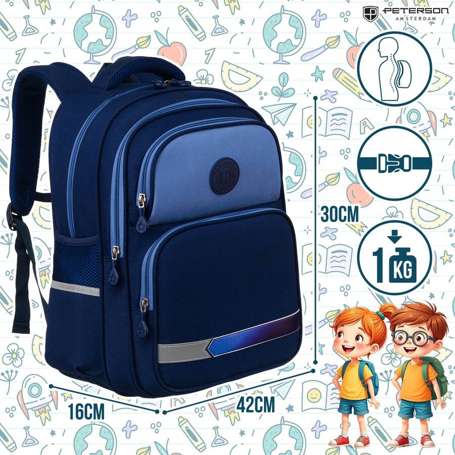 Dwukomorowy, granatowy plecak miejski z zewnętrznymi kieszeniami - Peterson