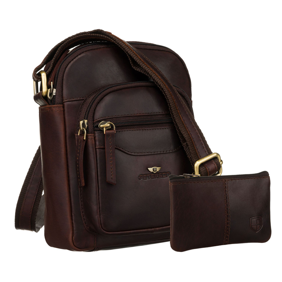 Hnedá pánska kožená crossbody taška Peterson + kožené puzdro na kľúče