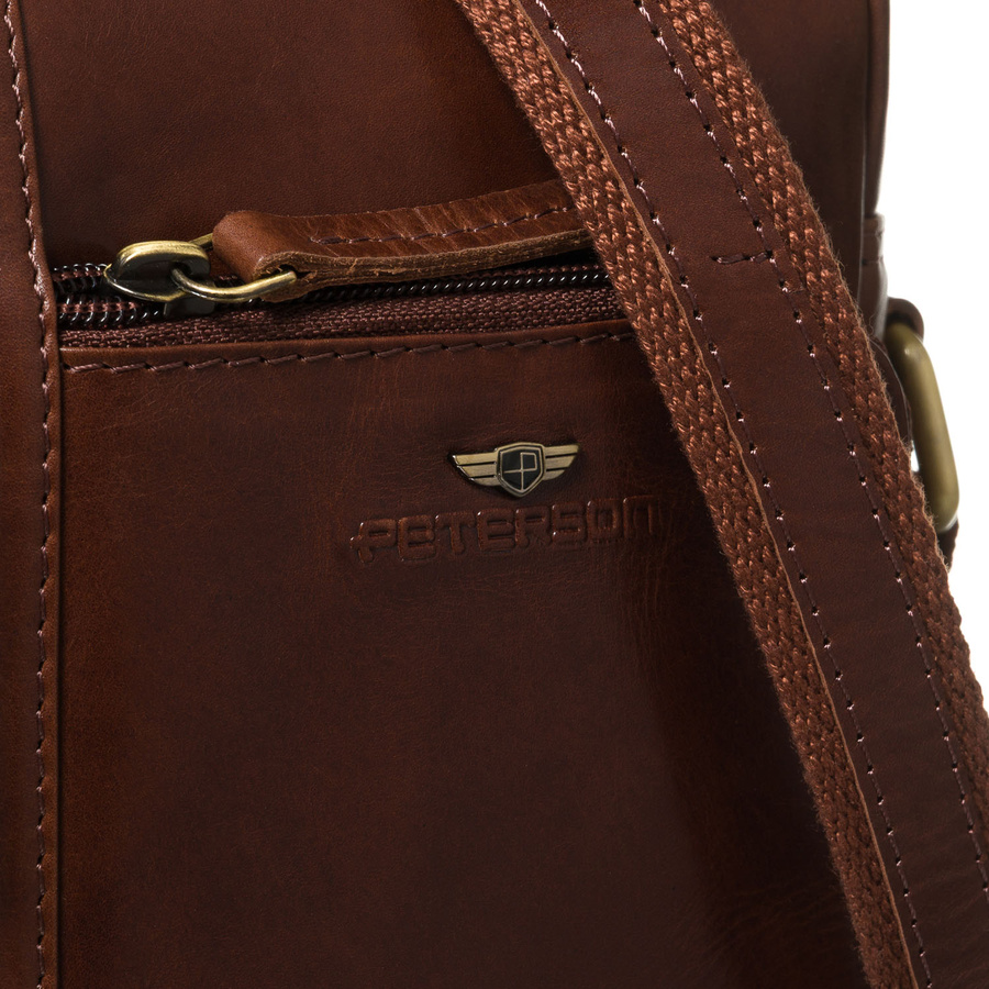 Brązowa, klasyczna, skórzana listonoszka męska z kieszonkami i etui - Peterson