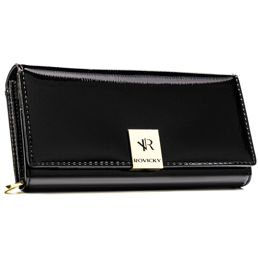 Skórzany, duży portfel damski w czarnym kolorze zamykany na zatrzask - Rovicky