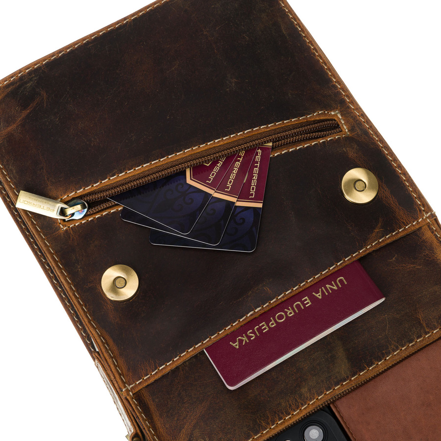 Elegancka, brązowa listonoszka męska ze skóry naturalnej, jednokomorowa - Peterson