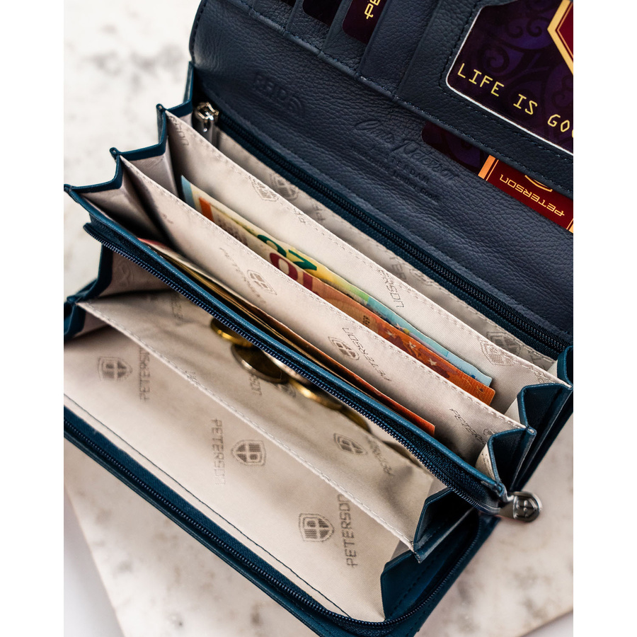 Granatowy portfel damski ze skóry naturalnej i ekologicznej zamykany na zatrzask - Peterson