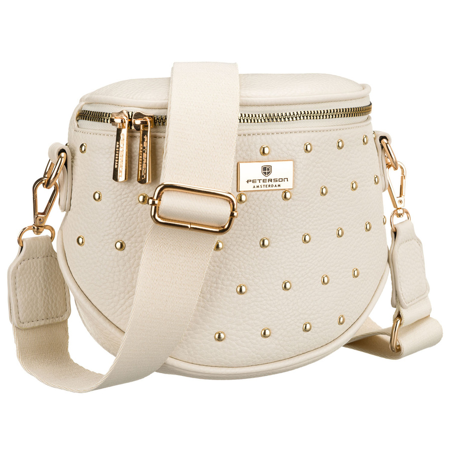 Jasnobeżowa nerka damska ze skóry ekologicznej ozdobiona ćwiekami - Peterson