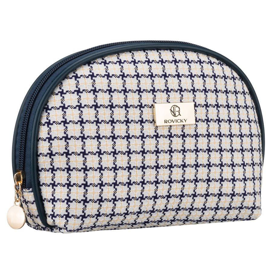 Béžovo-tmavomodrá dámska kozmetická taštička v kockovanom vzore – syntetický materiál, na zips