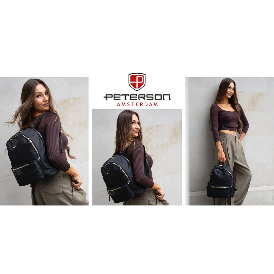 Miejski plecak damski z poliestru w czarnym kolorze, zawieszony na regulowanych szelkach - Peterson