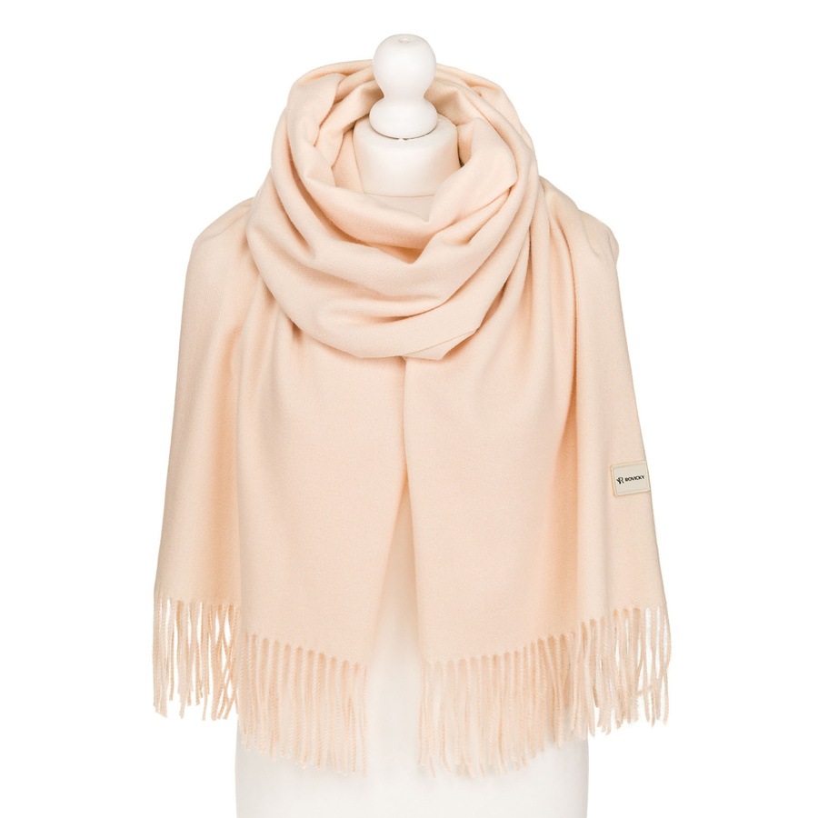 Szal damski z poliestru i wiskozy w beżowo-ecru kolorze ozdobiony frędzlami - Rovicky