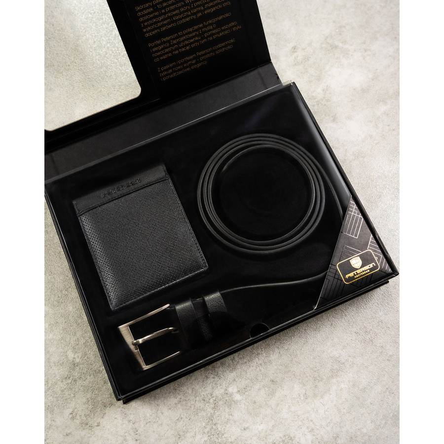 Zestaw prezentowy: skórzany portfel męski w czarnym kolorze bez zapięcia i czarny pasek ze skóry ekologicznej - Peterson