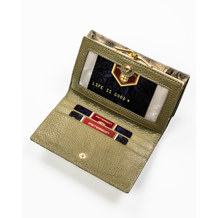 Średniej wielkości złoty portfel damski z motywem kwiatowym portmonetka na zatrzask i bigiel skóra naturalna i eko RFID STOP Peterson