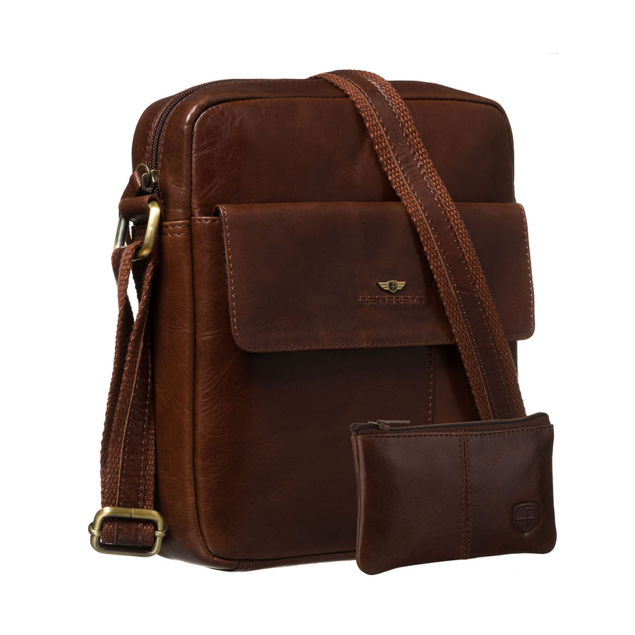 Pánska hnedá kožená taška cez plece Peterson– s magnetickým klipsom a zipsovým zapínaním