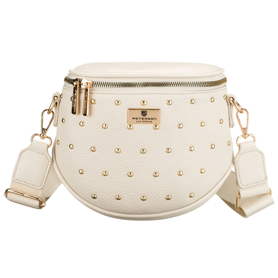 Jasnobeżowa nerka damska ze skóry ekologicznej ozdobiona ćwiekami - Peterson