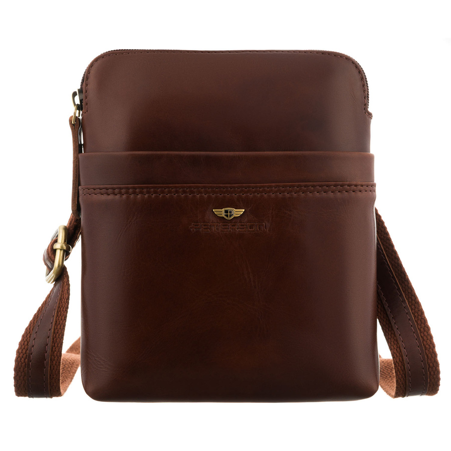 Brązowa, praktyczna listonoszka męska ze skóry naturalnej z kieszeniami zewnętrznymi i etui w zestawie - Peterson