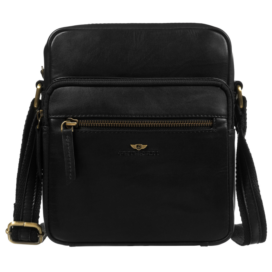 Skórzana torebka męska w czarnym kolorze zawieszona na pasku. W zestawie saszetka na klucze - Peterson