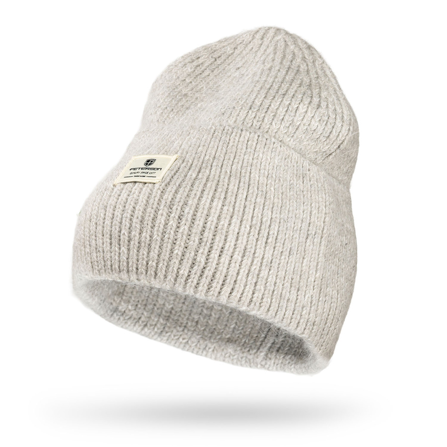 Szara, zimowa czapka damska beanie z logo marki - Peterson