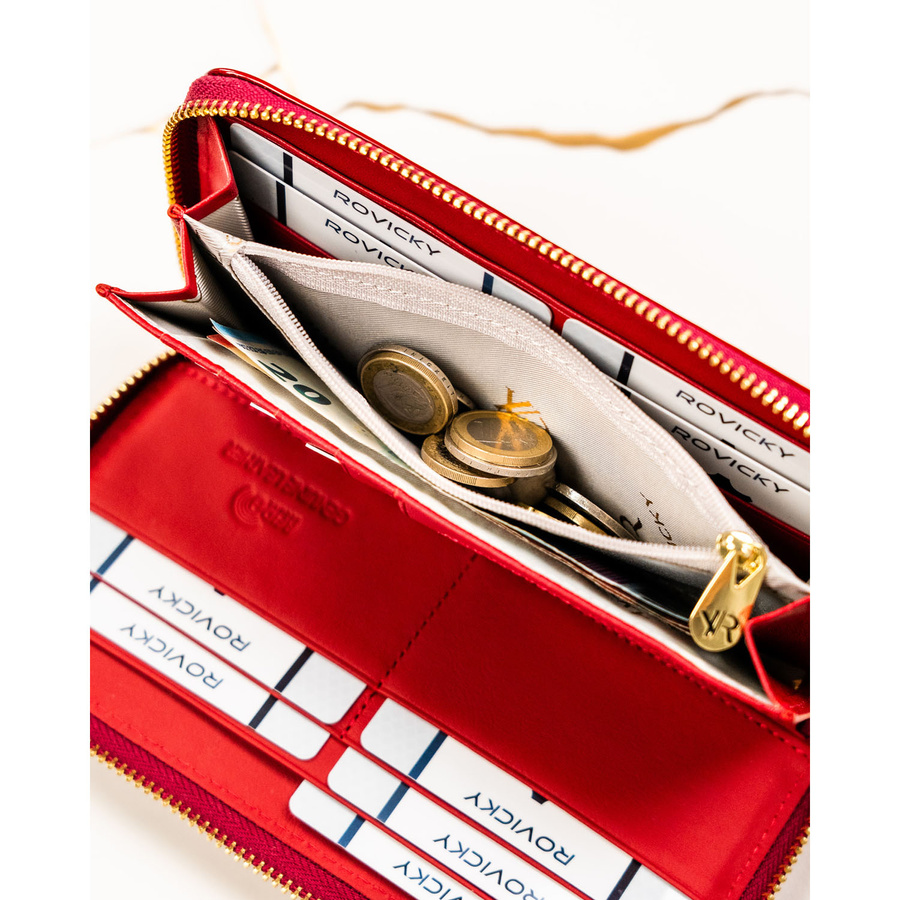 Czerwony portfel-piórnik damski z lakierowanej skóry naturalnej wyposażony w system RFID  - Rovicky