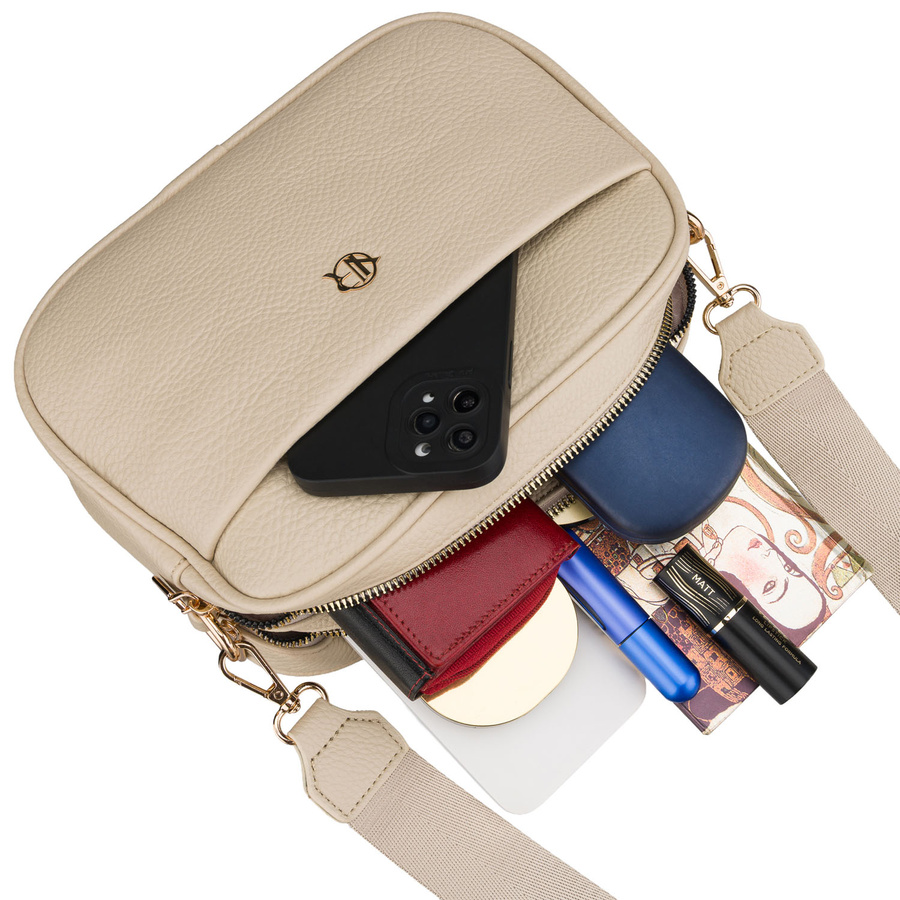 Torebka-listonoszka crossbody z kieszeniami na suwak, wykonana ze skóry ekologicznej w beżowym kolorze - Rovicky