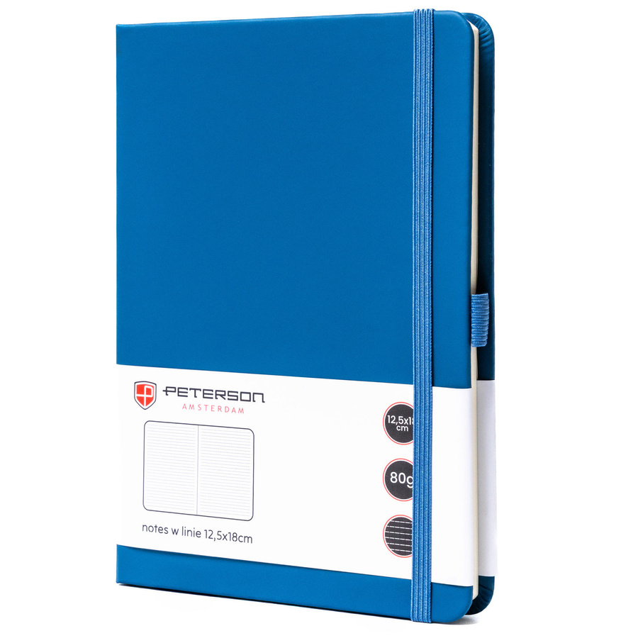 Niebieski notes w formacie B6 zadrukowany w linie, wyposażony w pętelkę na długopis - Peterson