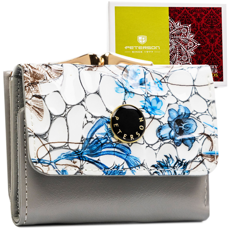 Malá modrá peňaženka z prírodnej kože s kvetmi – Peterson