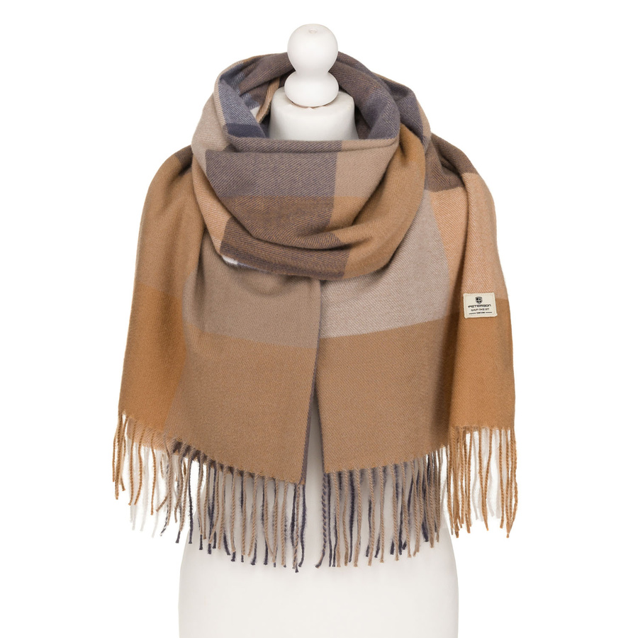 Dwustronny szalik damski z frędzlami w dominującym kolorze khaki - Peterson
