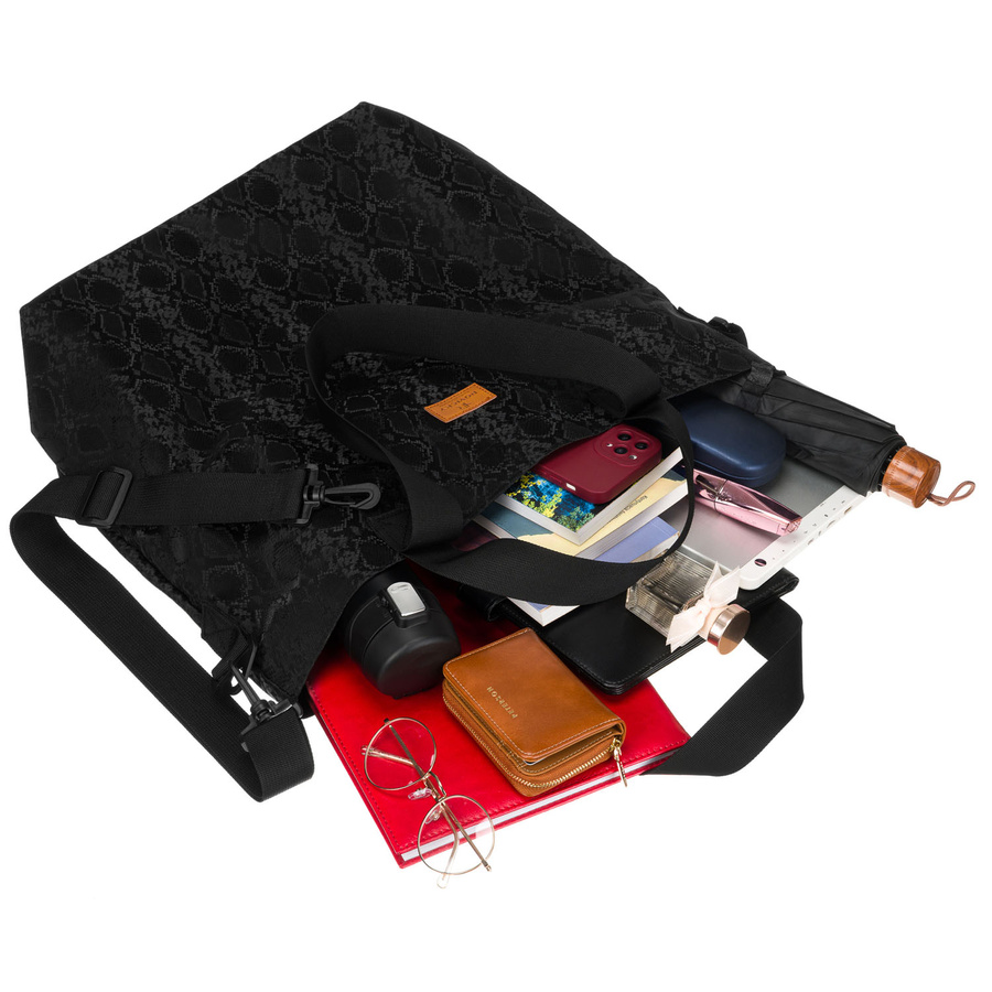 Duży, czarny shopper damski z poliestru zawieszony na uchwytach i regulowanym pasku - Rovicky