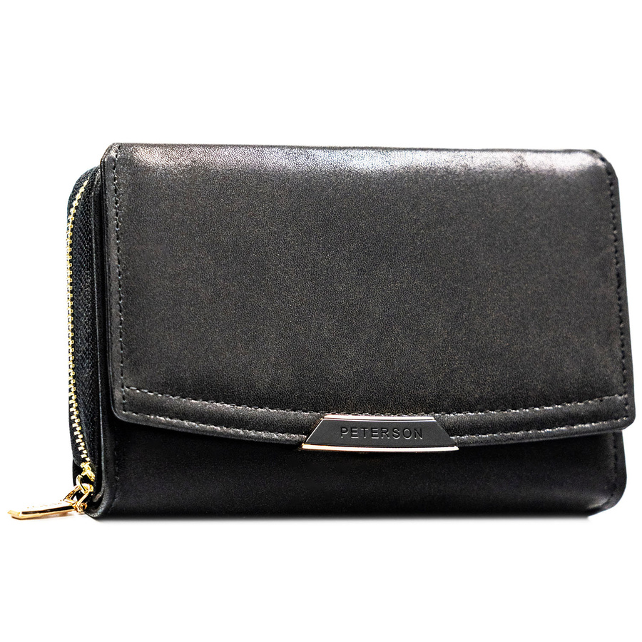 Czarny portfel damski ze skóry ekologicznej zamykany na zatrzask i suwak - Peterson