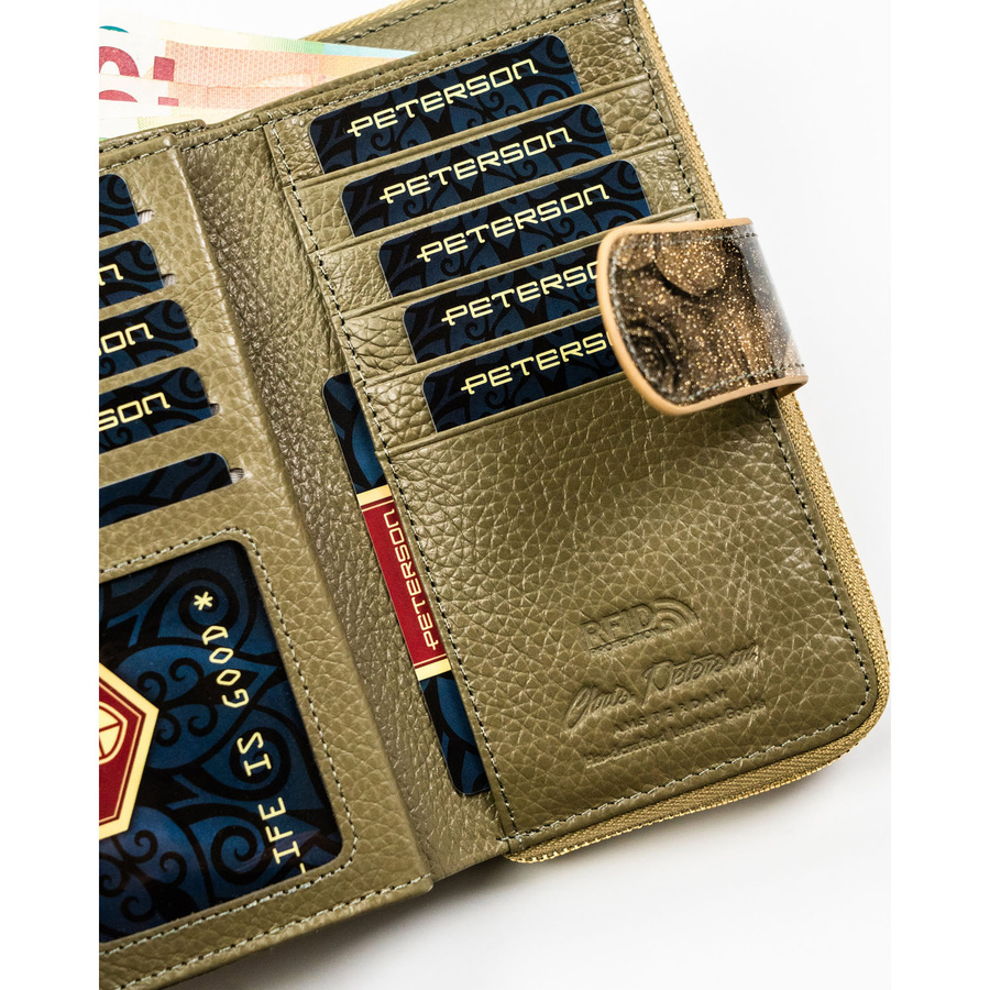 Złoty, lakierowany, duży portfel damski z kwiatowym wzorem Peterson