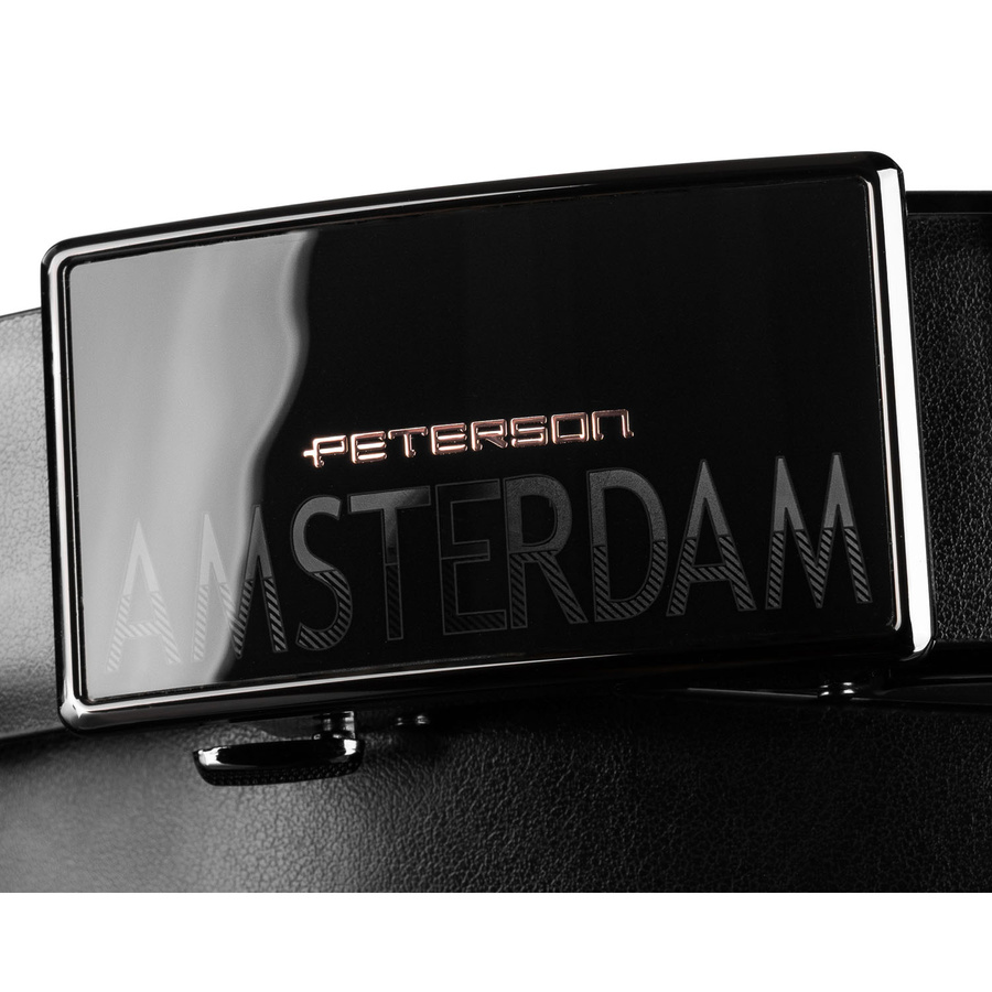 Czarny, elegancki pasek męski ze skóry naturalnej z automatyczną klamrą - Peterson