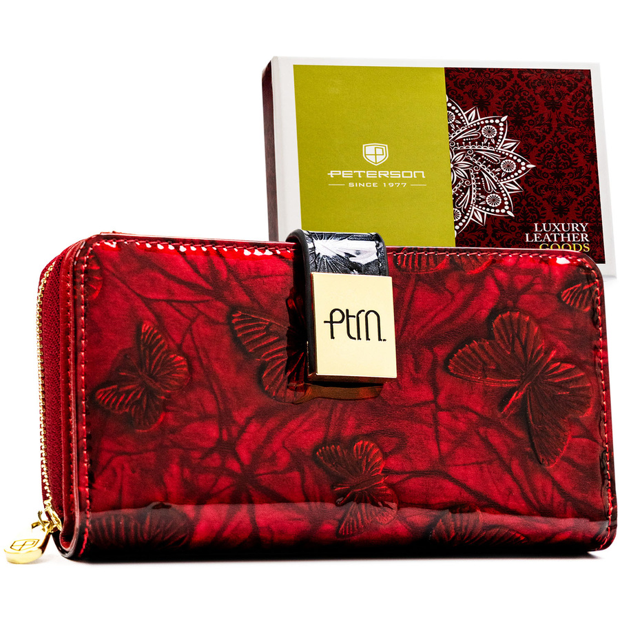 Lakierowany, duży portfel-piórnik damski ze skóry naturalnej w czerwonym kolorze - Peterson