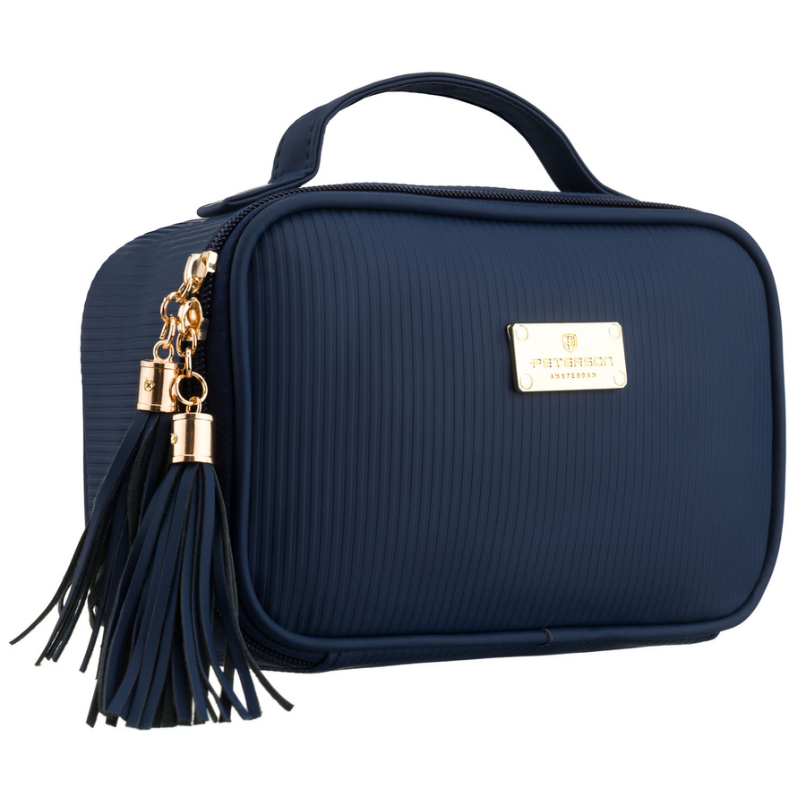 Tmavomodrá dámska kozmetická taštička so štyrmi priehradkami