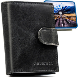 Czarny portfel męski ze skóry naturalnej wyposażony w system RFID, zamykany zatrzaskiem - Peterson