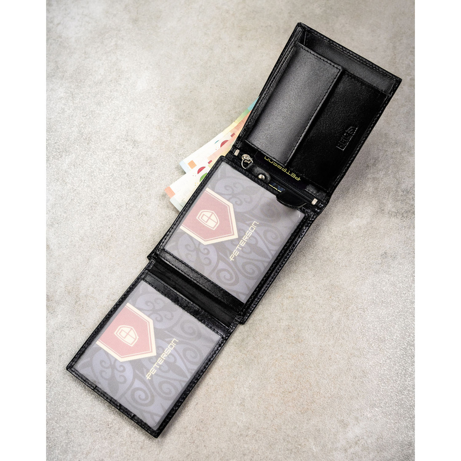 Portfel męski ze skóry naturalnej w czarnym kolorze wyposażony w system RFID, w zestawie z brelokiem - Peterson