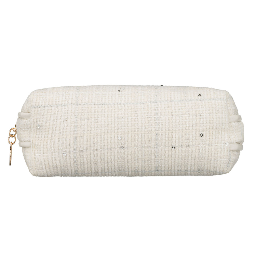 Beżowa kosmetyczka damska wykonana z materiału syntetycznego z ozdobnymi cekinami - Rovicky