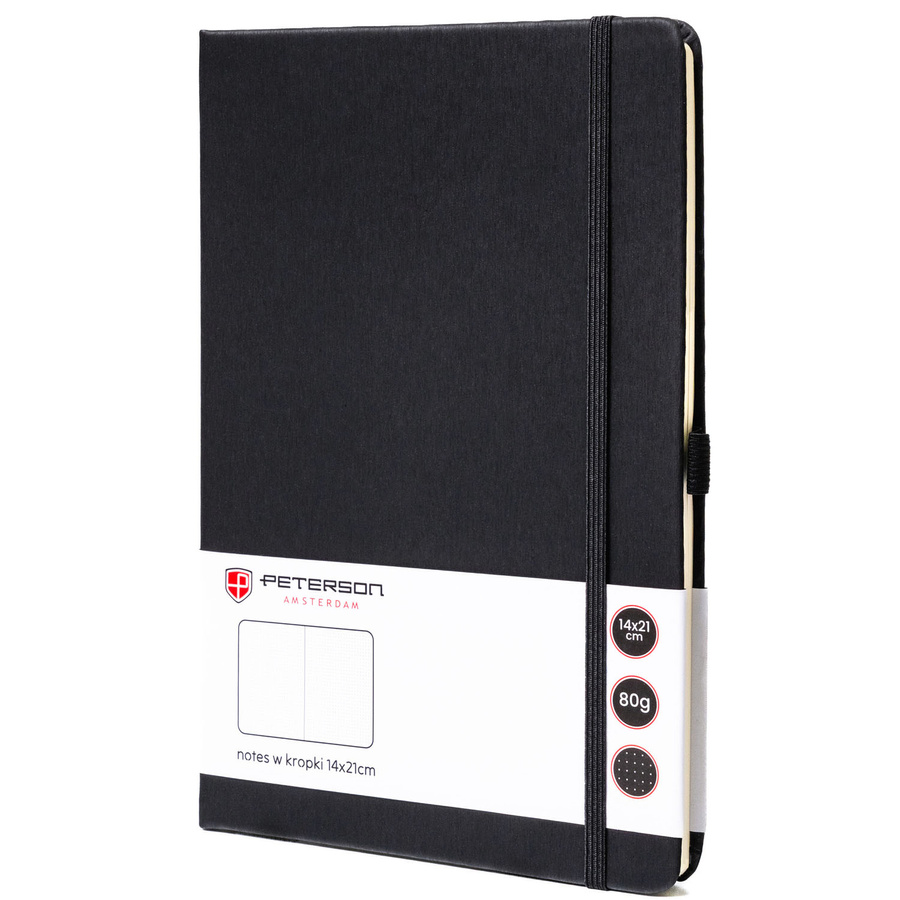 Čierny zápisník A5 s bodkovaným papierom a gumičkou na zatváranie
