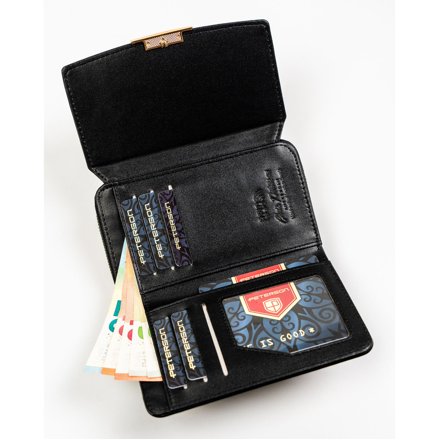 Portfel damski ze skóry ekologicznej w czarnym kolorze wyposażony w system RFID - Peterson