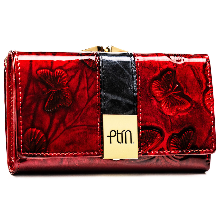 Czerwony portfel damski z lakierowanej skóry naturalnej z ozdobnym tłoczeniem - Peterson