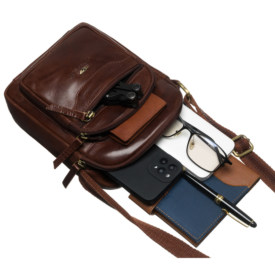 Brązowa torba męska ze skóry naturalnej z saszetką w zestawie - Peterson