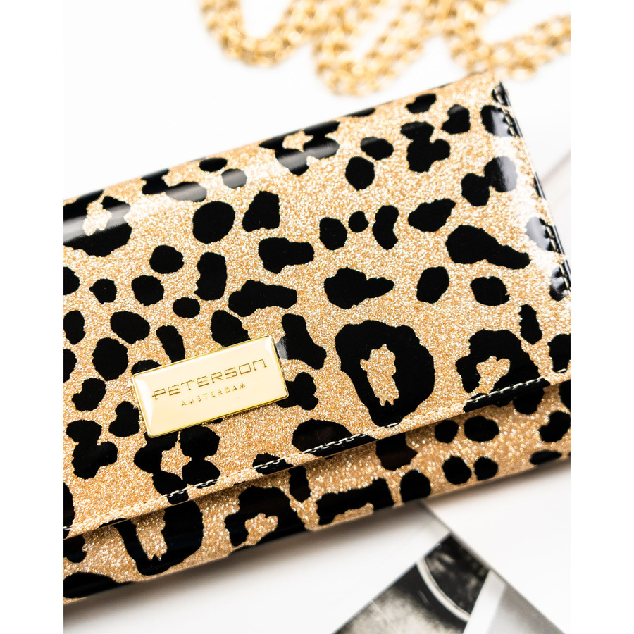 Złoty, duży portfel damski ze skóry ekologicznej i naturalnej w cętki, zamykany zatrzaskiem - Peterson