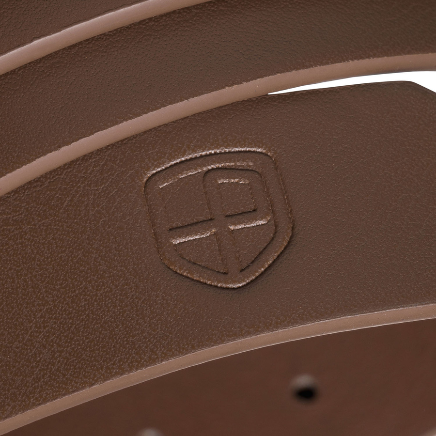 Wąski pasek damski ze skóry ekologicznej w kolorze khaki ze złotą klamrą - Peterson