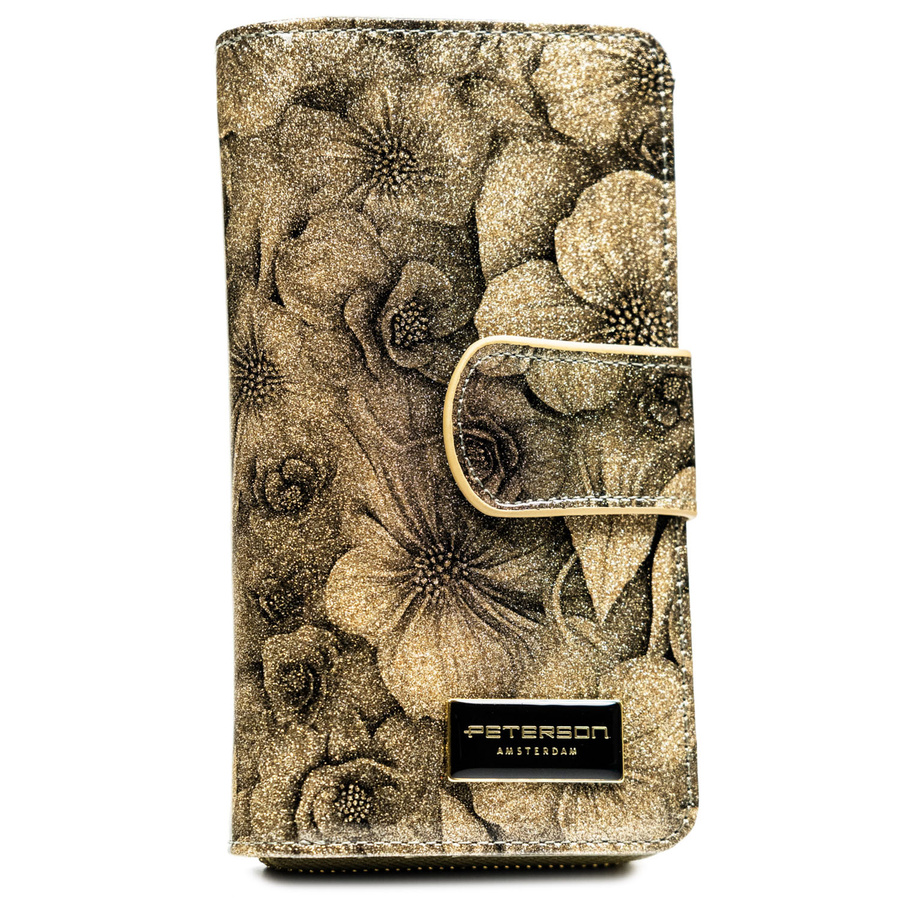Złoty, lakierowany, duży portfel damski z kwiatowym wzorem Peterson