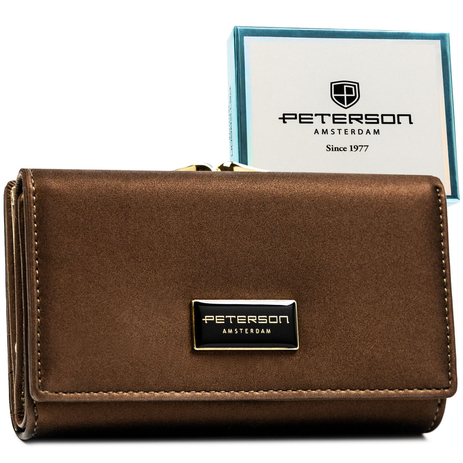 Hnedá dámska peňaženka z kože s RFID ochranou a uzáverom na mince - Peterson