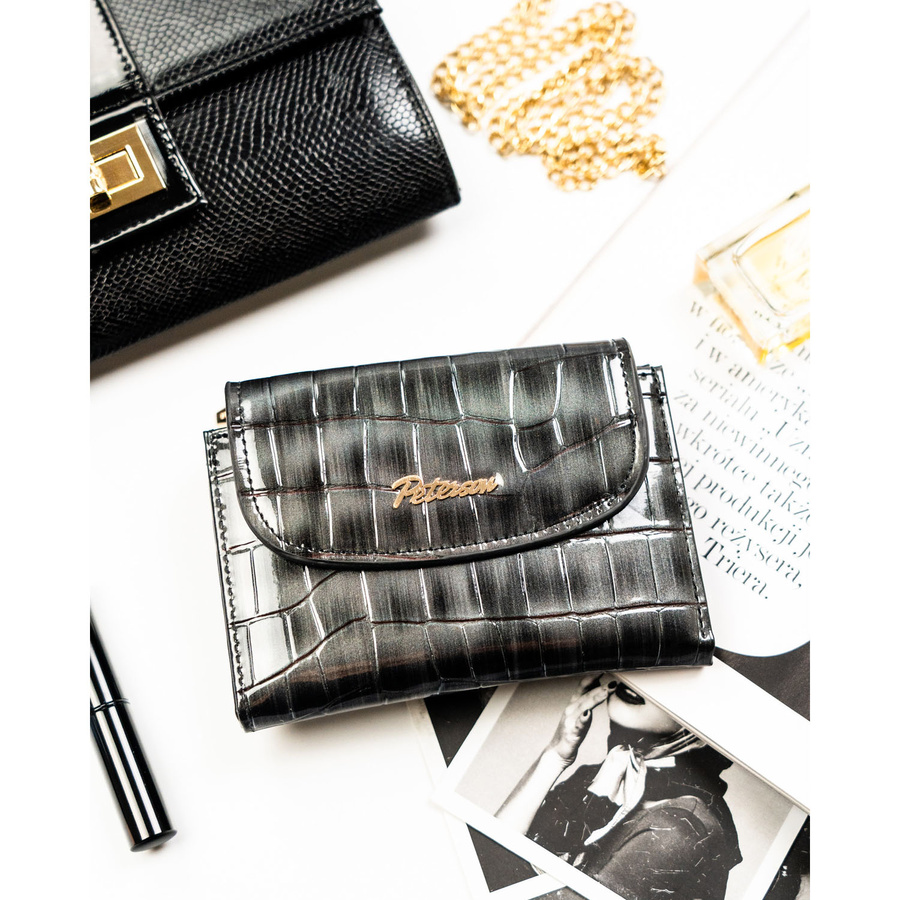 Szary portfel damski ze skóry ekologicznej z tłoczeniem na wzór skóry krokodyla - Peterson