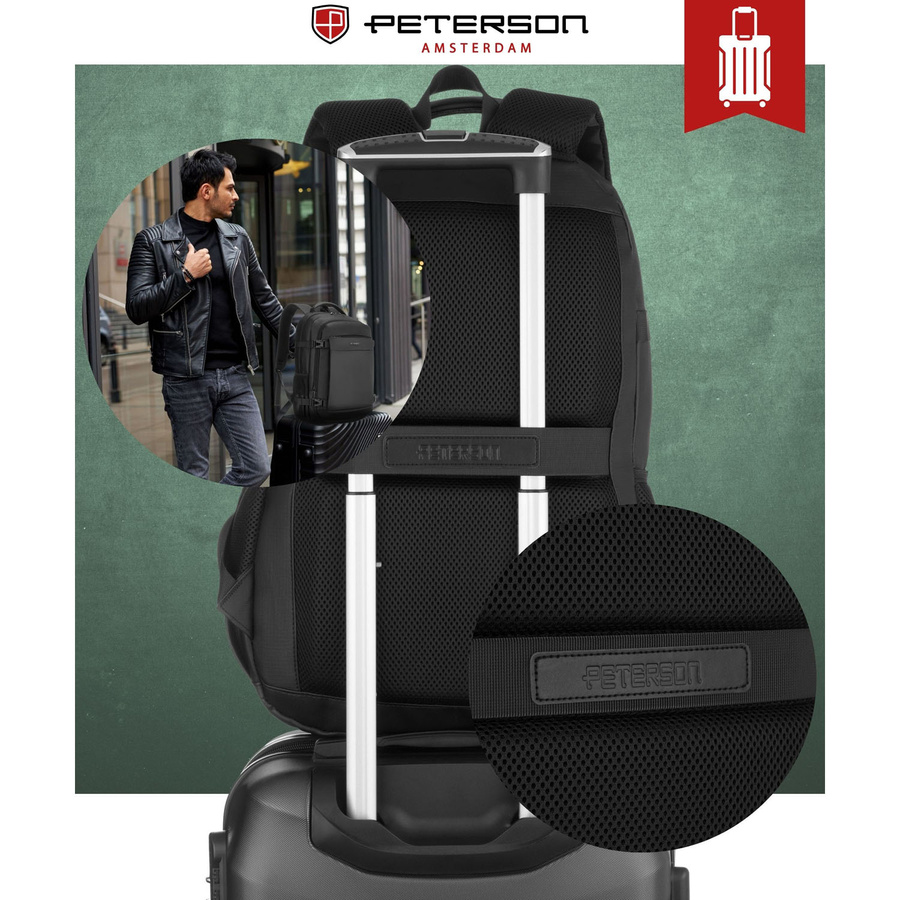 Duży plecak podróżny w czarnym kolorze z miejscem na laptopa, zamykany suwakiem - Peterson