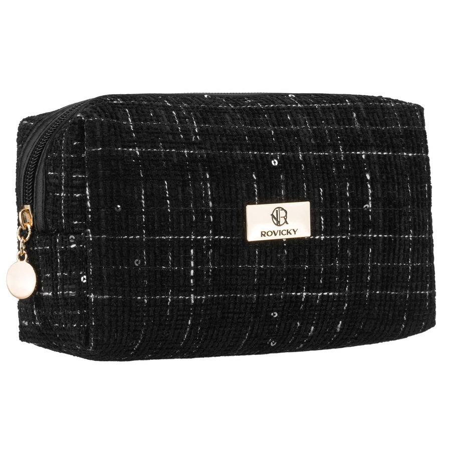 Čierna dámska priestranná kozmetická taštička zo syntetického materiálu so vzorom a flitrami – na zips