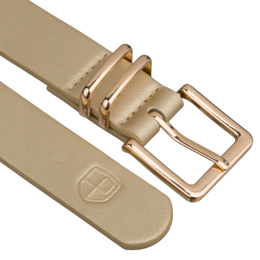 Beżowy, wąski pasek damski ze skóry ekologicznej ze złotą klamrą - Peterson
