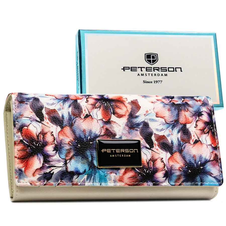 Dámska peňaženka s kvetinovým vzorom z kože s RFID ochranou a zapínaním na patent - Peterson