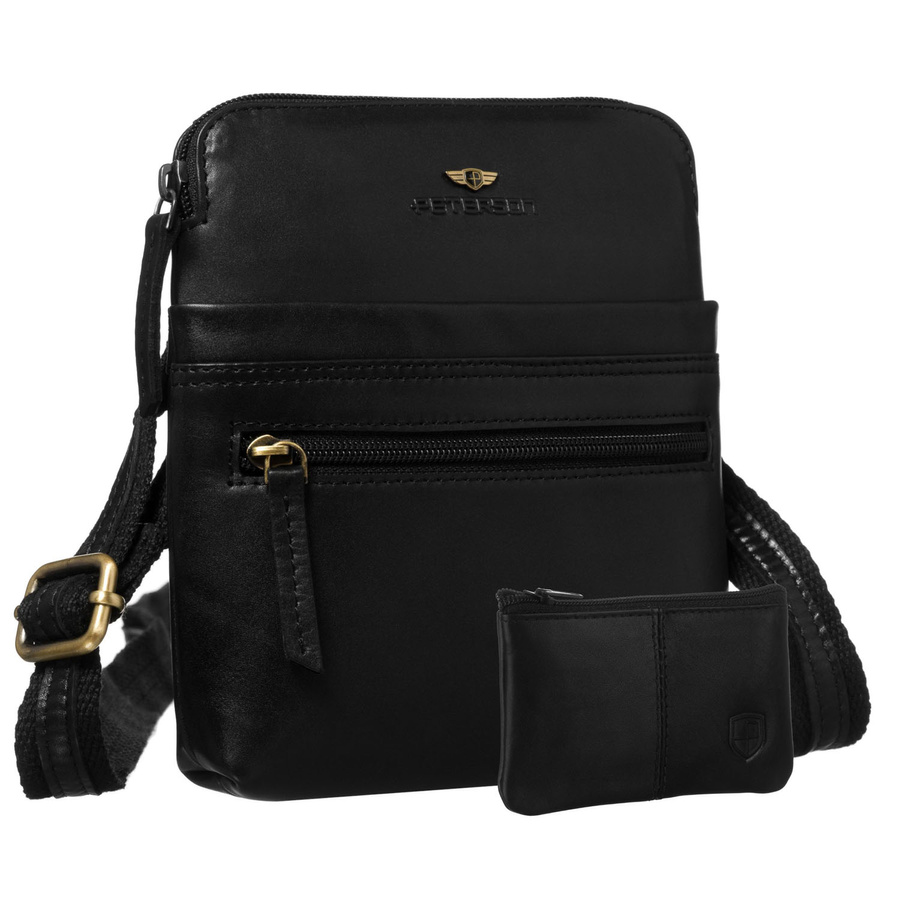 Mała, czarna, skórzana listonoszka męska zamykana suwakiem - Peterson