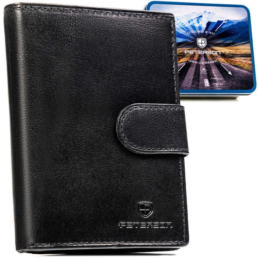 Klasyczny, skórzany portfel męski w czarnym kolorze zamykany zatrzaskiem - Peterson