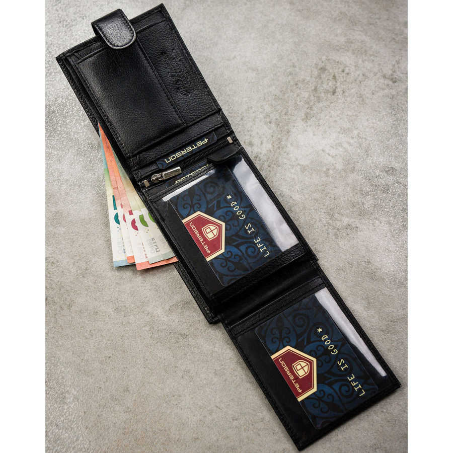 Zestaw prezentowy: skórzany, poziomy portfel męski w czarnym kolorze z systemem RFID i pasek ze skóry ekologicznej - Peterson